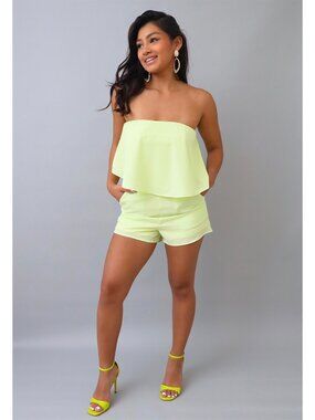 Yellow Lime Strapless Romper With Pockets